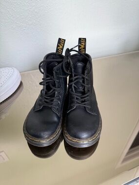 Dr. Martens Black Leather Lace-Up Ankle Boots with Yellow Stitching